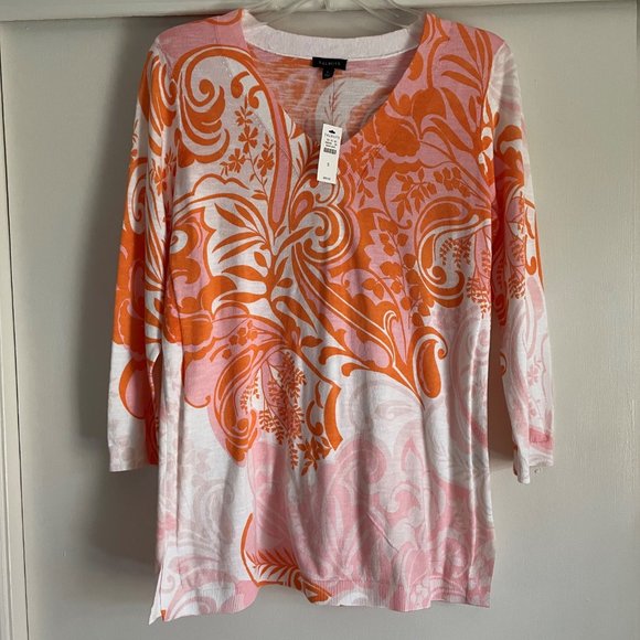 NWT Talbots Pink/Orange Paisley V Neck  3/4 Sleeve Pullover Cotton Sweater Top S - Picture 1 of 8